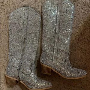 Silver Rhinestone Knee High Boots